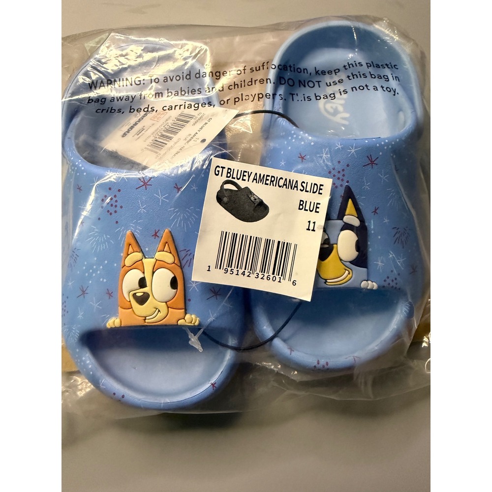 Ground Up Bluey Americana Slide Sandals Kids Size 11 Blue Bingo Fireworks NEW
